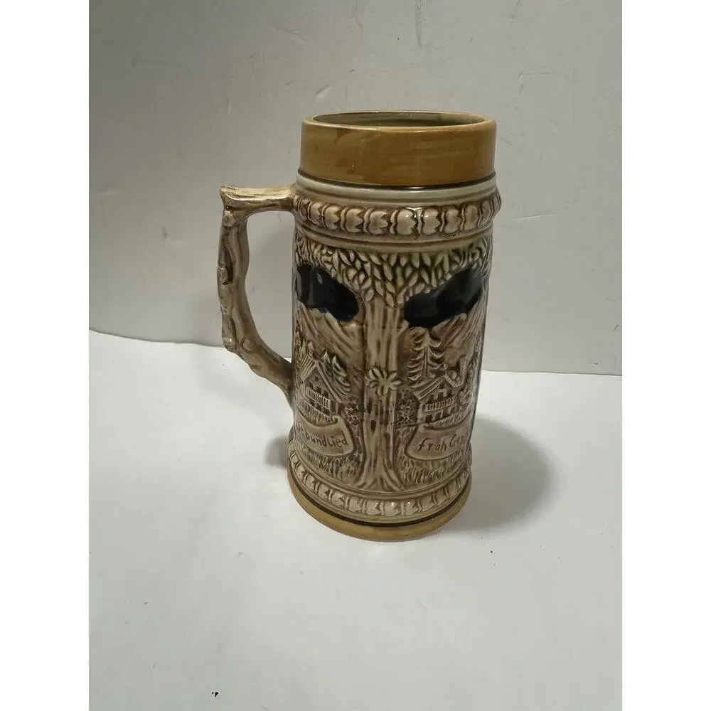 Set‎ 2 Vintage Japanese Ceramic Beer Stein, Man Plays Mandolin 3D Mug Art German